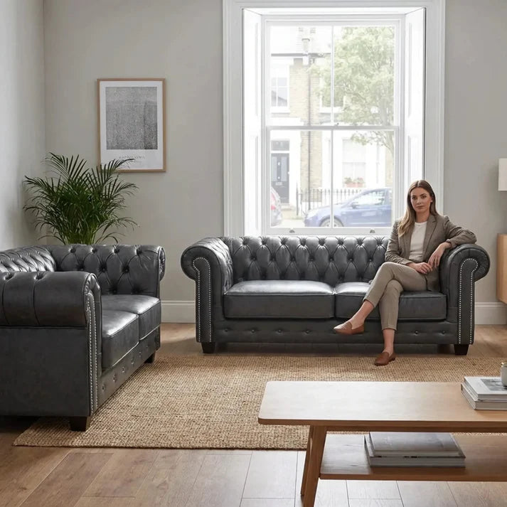 Chesterfield Grey Leather Antique 3+2 Seater Sofa Set