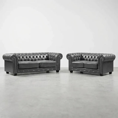 Chesterfield Grey Leather Antique 3+2 Seater Sofa Set