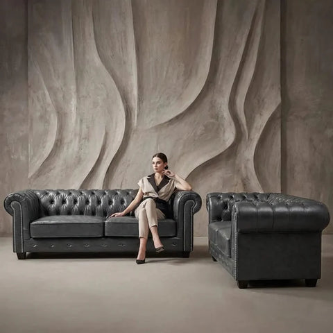 Chesterfield Grey Leather Antique 3+2 Seater Sofa Set