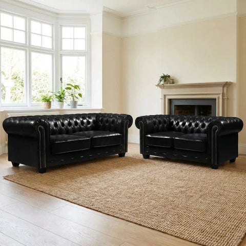 Chesterfield Black Leather Antique 3+2 Seater Sofa Set