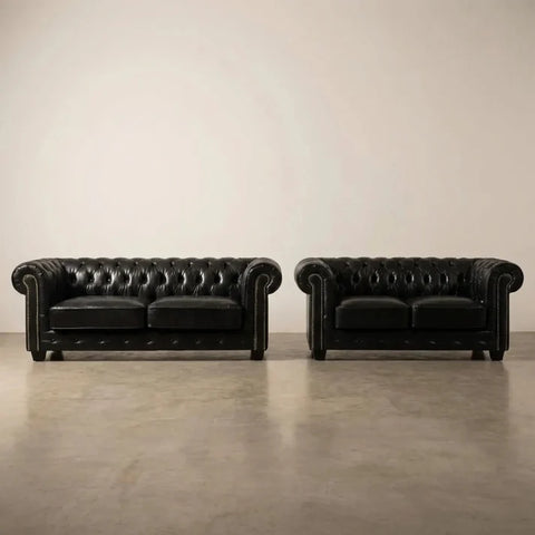 Chesterfield Black Leather Antique 3+2 Seater Sofa Set