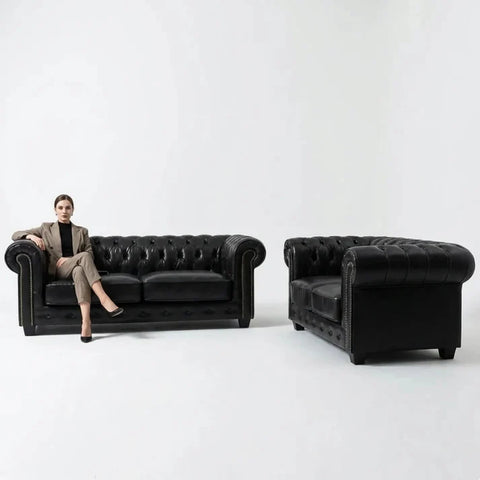 Chesterfield Black Leather Antique 3+2 Seater Sofa Set