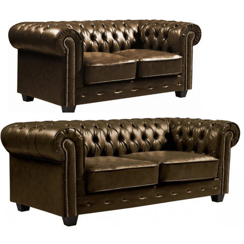Chesterfield Brown Leather Antique 3+2 Seater Sofa Set