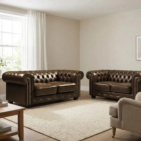 Chesterfield Brown Leather Antique 3+2 Seater Sofa Set