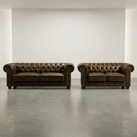 Chesterfield Brown Leather Antique 3+2 Seater Sofa Set