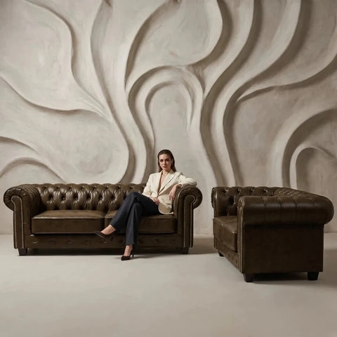 Chesterfield Brown Leather Antique 3+2 Seater Sofa Set
