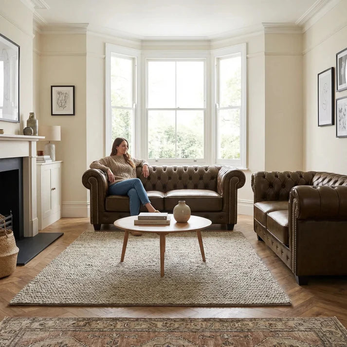 Chesterfield Brown Leather Antique 3+2 Seater Sofa Set