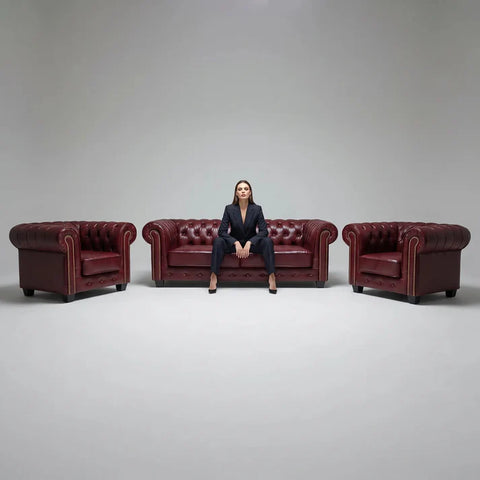 Chesterfield Red Leather Antique 3+1+1 Seater Sofa Set
