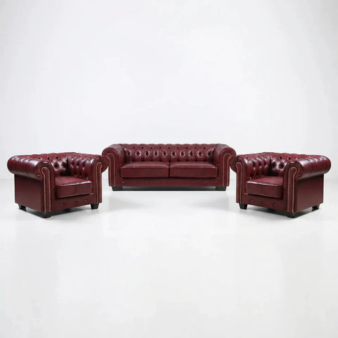Chesterfield Red Leather Antique 3+1+1 Seater Sofa Set