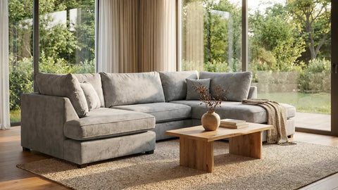 Carnaby Grey Fabric U Shape High Back Corner Sofa + Footstool