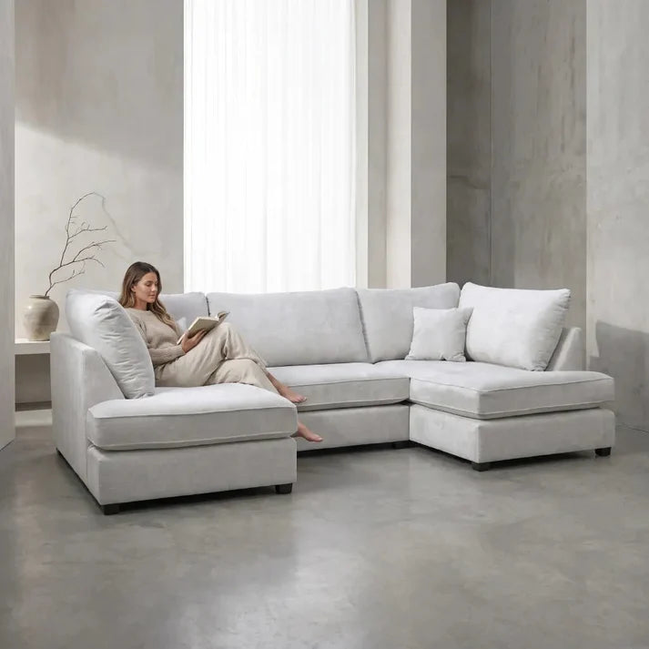 Carnaby Silver Fabric U Shape High Back Corner Sofa + Footstool