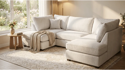 Carnaby Silver Fabric U Shape High Back Corner Sofa + Footstool