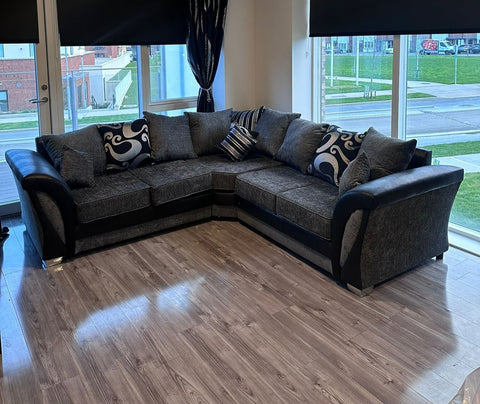 Shannon L-Shape Corner Sofa | Two-Tone with Patterned Cushions