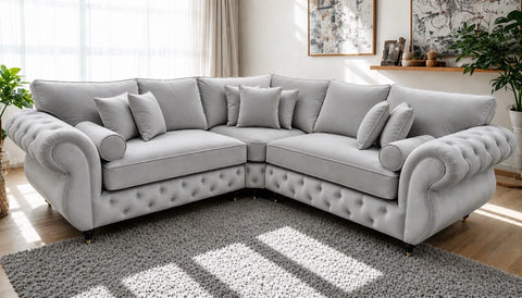 Rio L-Shape Corner Sofa\ Diamond Tufted with Rolled Arms & Scatter Cushions