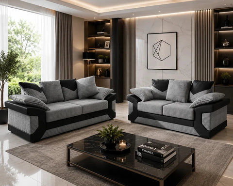 Dino 3+2 Sofa Set | Grey Jumbo Cord & Black Faux Leather Sofa Suite
