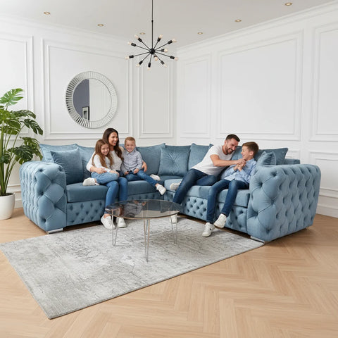 Ashton L-Shape Corner Sofa |  Velvet Deep-Buttoned Chesterfield